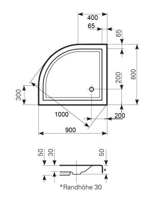 Viertelkreis Duschwanne 90x80 Radius 50 cm KOMPLETT